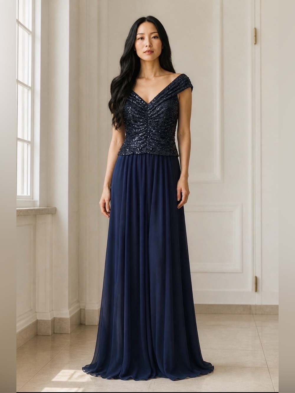 CACHET Women’s Formal Sequin Fitted Bodice Gown | navy | 10